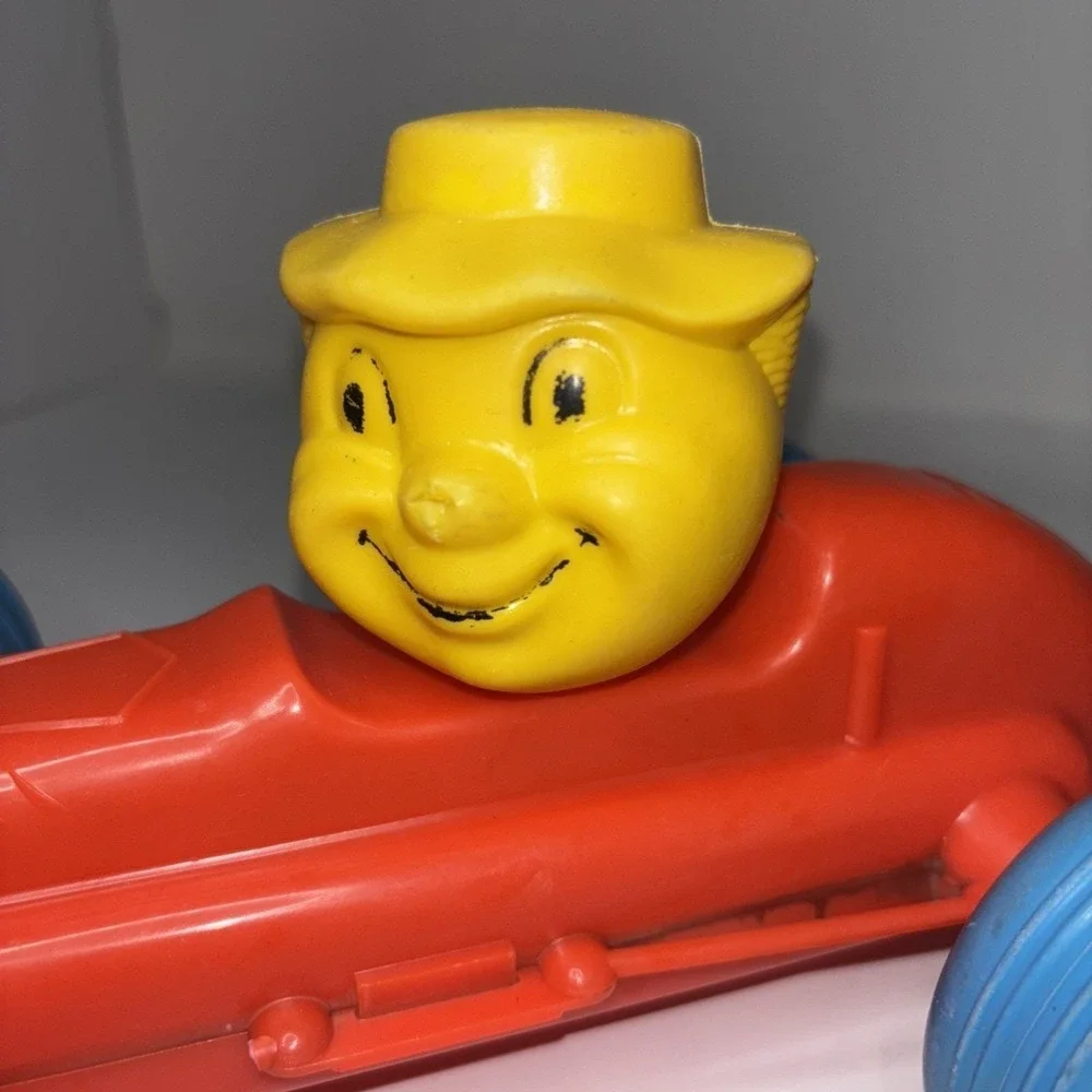 Vintage 1960s Plastic Pull Race Car Red Blue Yellow Driver Toy AS‎ IS